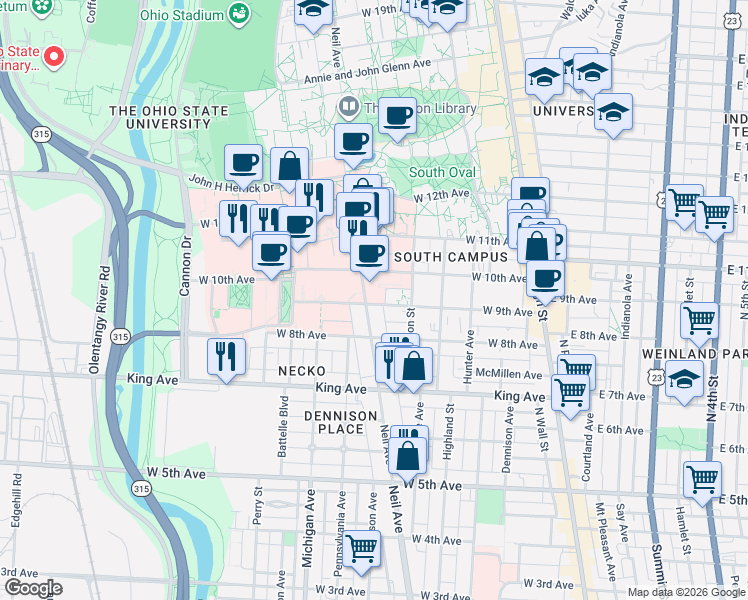 map of restaurants, bars, coffee shops, grocery stores, and more near in Columbus