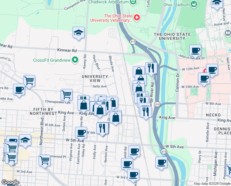 map of restaurants, bars, coffee shops, grocery stores, and more near 895 West 8th Avenue in Columbus
