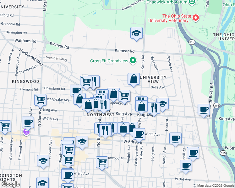 map of restaurants, bars, coffee shops, grocery stores, and more near 1145 Chambers Road in Columbus