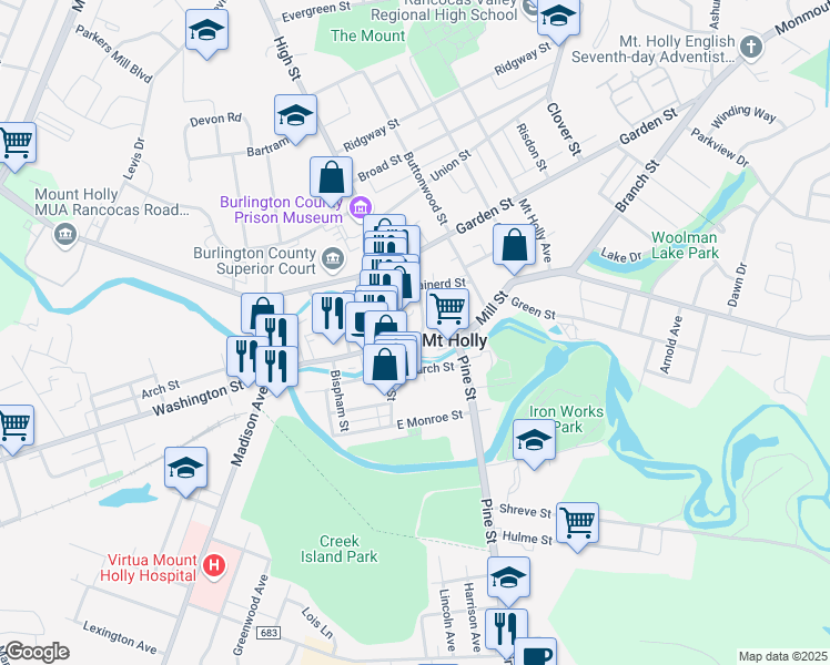 map of restaurants, bars, coffee shops, grocery stores, and more near 21 Mill Street in Mount Holly