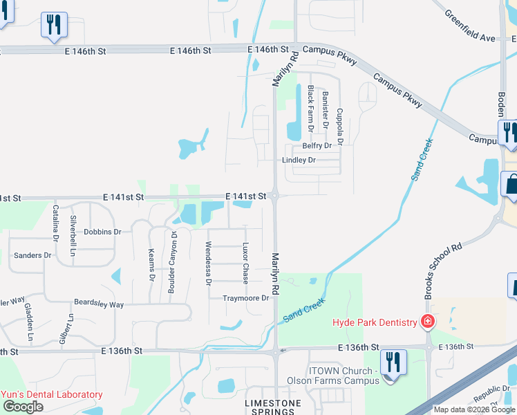 map of restaurants, bars, coffee shops, grocery stores, and more near 14046 Northcoat Place in Fishers