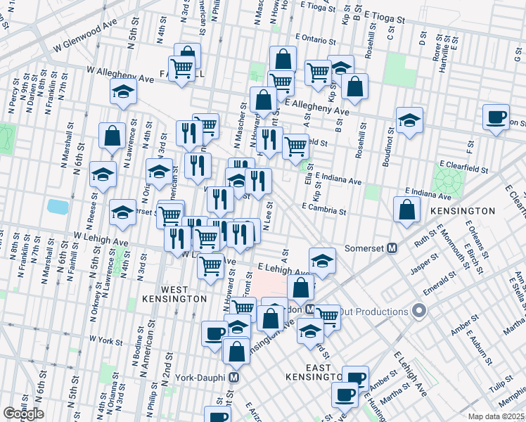 map of restaurants, bars, coffee shops, grocery stores, and more near 2845 North Front Street in Philadelphia