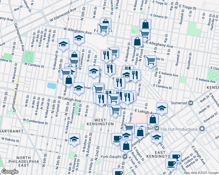 map of restaurants, bars, coffee shops, grocery stores, and more near 2817 North 2nd Street in Philadelphia