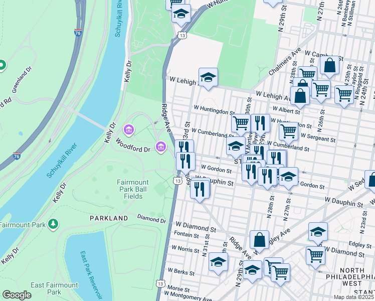 map of restaurants, bars, coffee shops, grocery stores, and more near 2401 North 33rd Street in Philadelphia