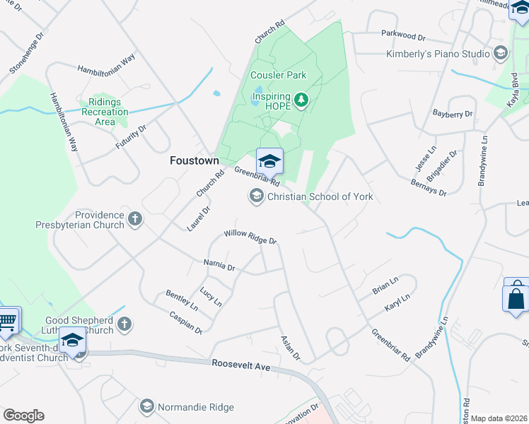 map of restaurants, bars, coffee shops, grocery stores, and more near 907 Greenbriar Road in York