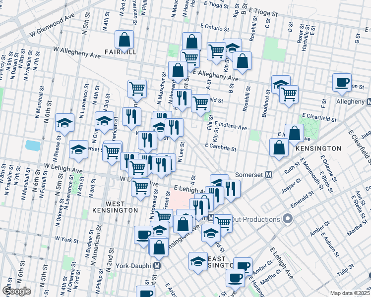 map of restaurants, bars, coffee shops, grocery stores, and more near 2854 North Water Street in Philadelphia