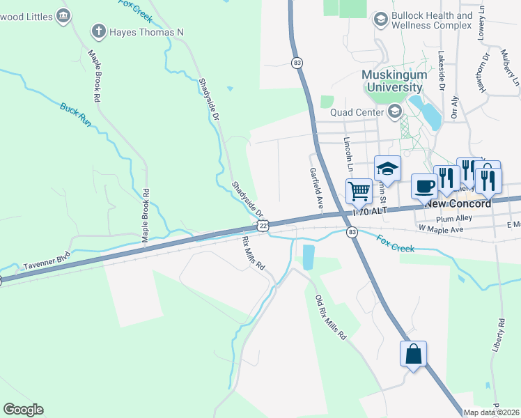 map of restaurants, bars, coffee shops, grocery stores, and more near 80 Shadyside Drive in New Concord