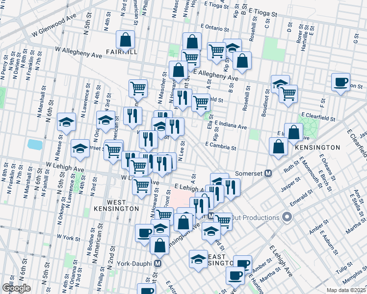 map of restaurants, bars, coffee shops, grocery stores, and more near 2855 North Lee Street in Philadelphia
