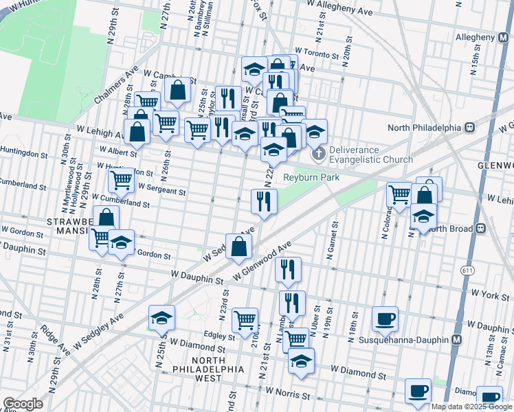 map of restaurants, bars, coffee shops, grocery stores, and more near 2212 West Sergeant Street in Philadelphia
