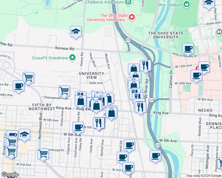 map of restaurants, bars, coffee shops, grocery stores, and more near 895 West 8th Avenue in Columbus