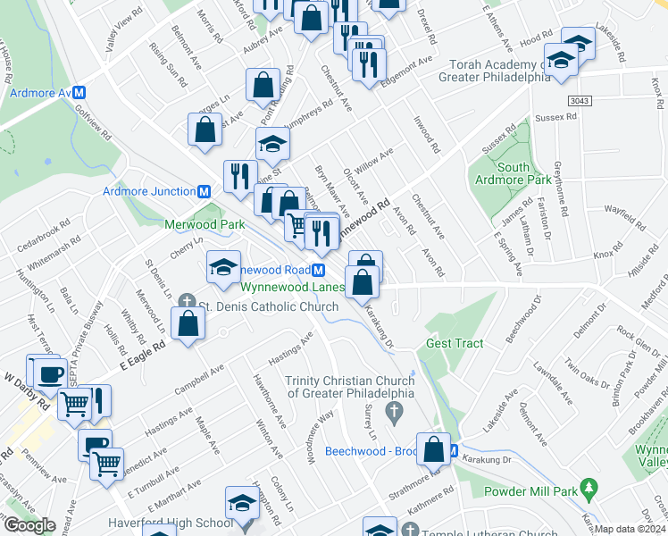 map of restaurants, bars, coffee shops, grocery stores, and more near 2327 Haverford Road in Ardmore