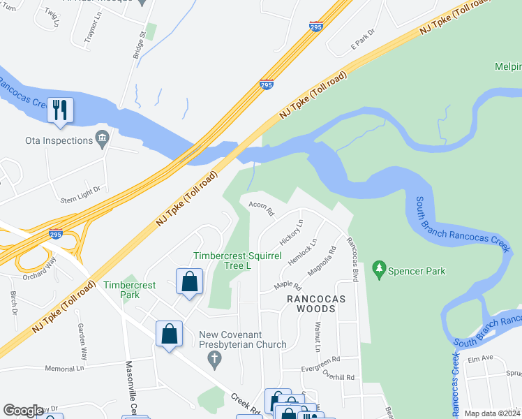 map of restaurants, bars, coffee shops, grocery stores, and more near 404 Acorn Road in Mount Laurel