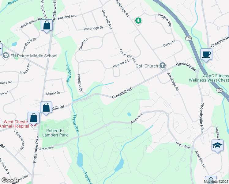 map of restaurants, bars, coffee shops, grocery stores, and more near 403 Greenhill Road in West Chester