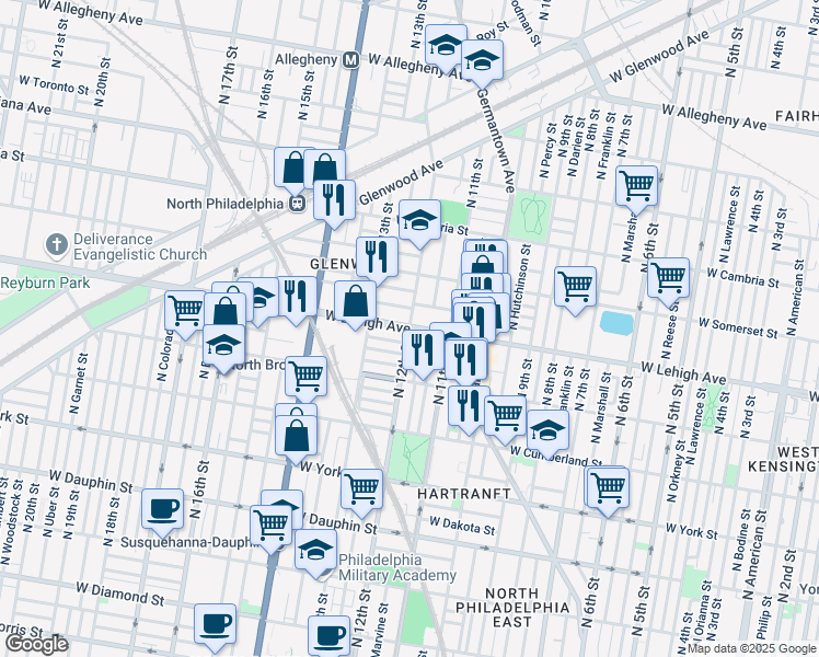 map of restaurants, bars, coffee shops, grocery stores, and more near N 12th St & W Lehigh Ave in Philadelphia