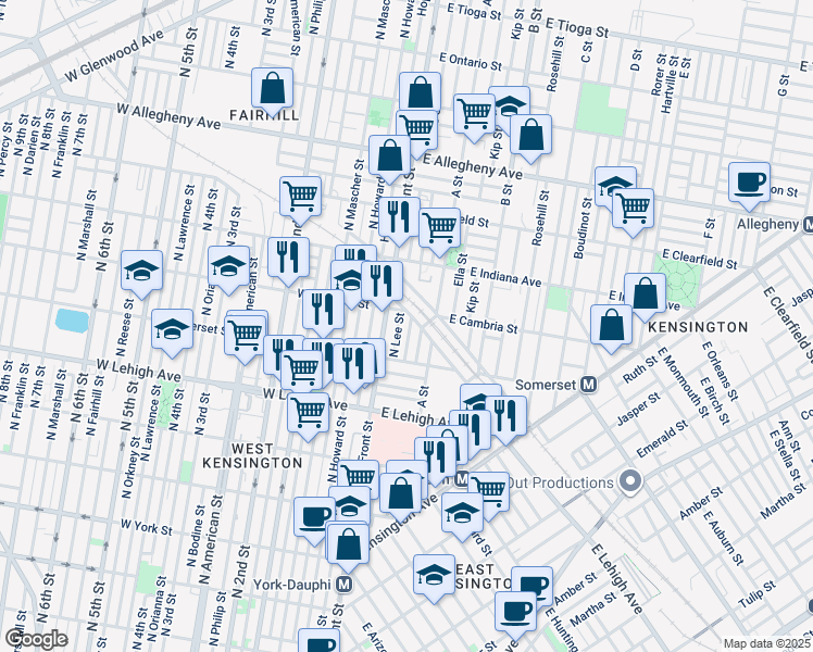 map of restaurants, bars, coffee shops, grocery stores, and more near 2854 North Water Street in Philadelphia