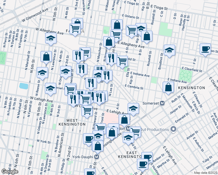 map of restaurants, bars, coffee shops, grocery stores, and more near 2845 North Front Street in Philadelphia
