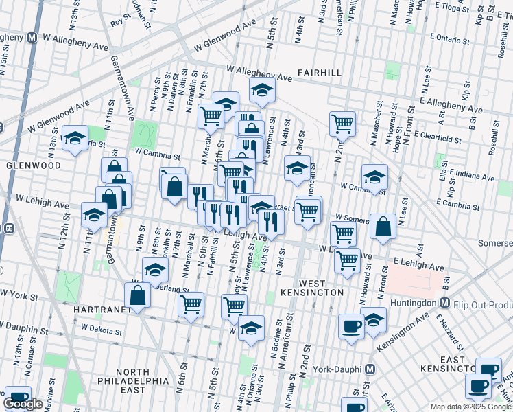 map of restaurants, bars, coffee shops, grocery stores, and more near 432 West Somerset Street in Philadelphia