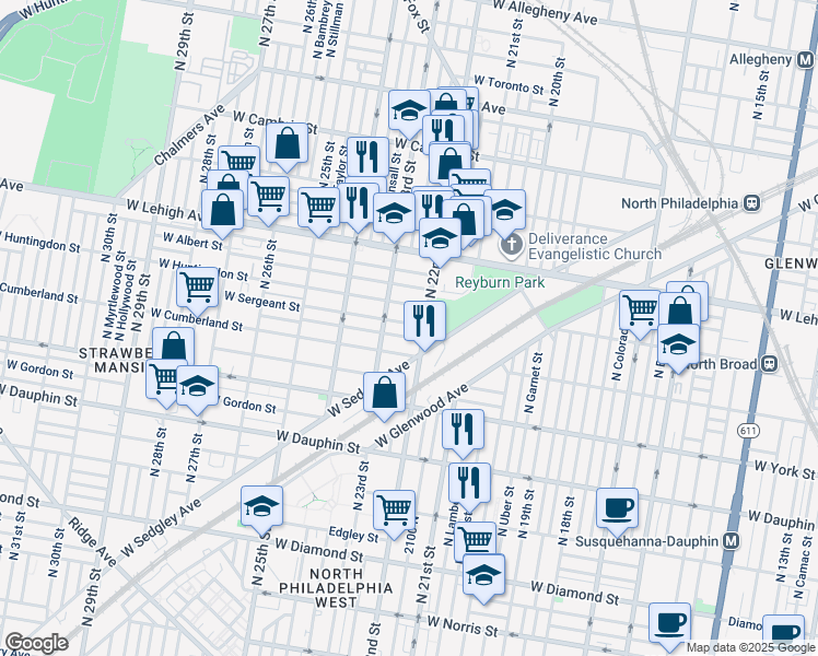 map of restaurants, bars, coffee shops, grocery stores, and more near 2216 West Sergeant Street in Philadelphia