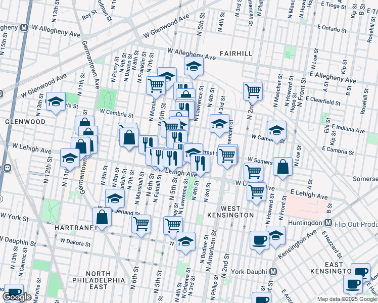 map of restaurants, bars, coffee shops, grocery stores, and more near 434 West Somerset Street in Philadelphia