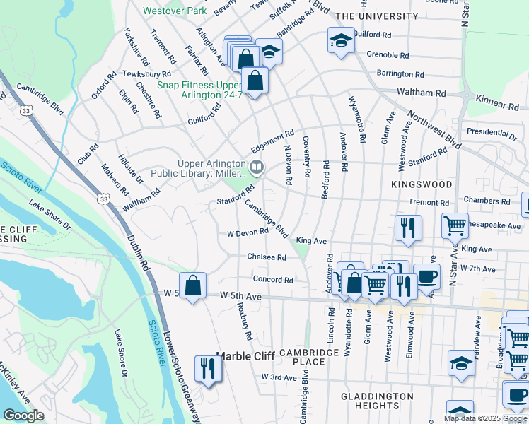 map of restaurants, bars, coffee shops, grocery stores, and more near 1823 Arlington Avenue in Columbus