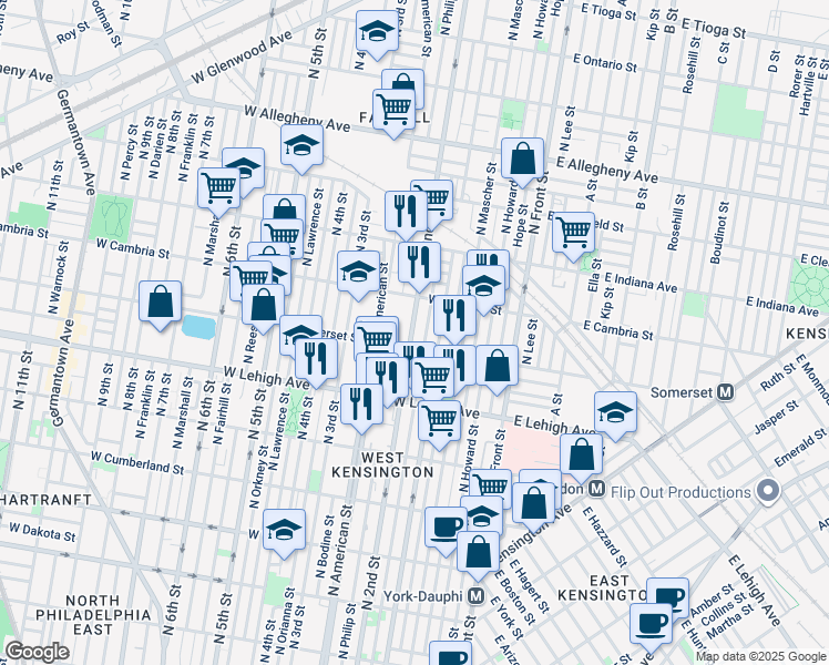 map of restaurants, bars, coffee shops, grocery stores, and more near 2817 North 2nd Street in Philadelphia