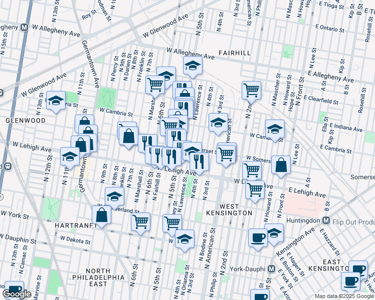 map of restaurants, bars, coffee shops, grocery stores, and more near 436 West Somerset Street in Philadelphia