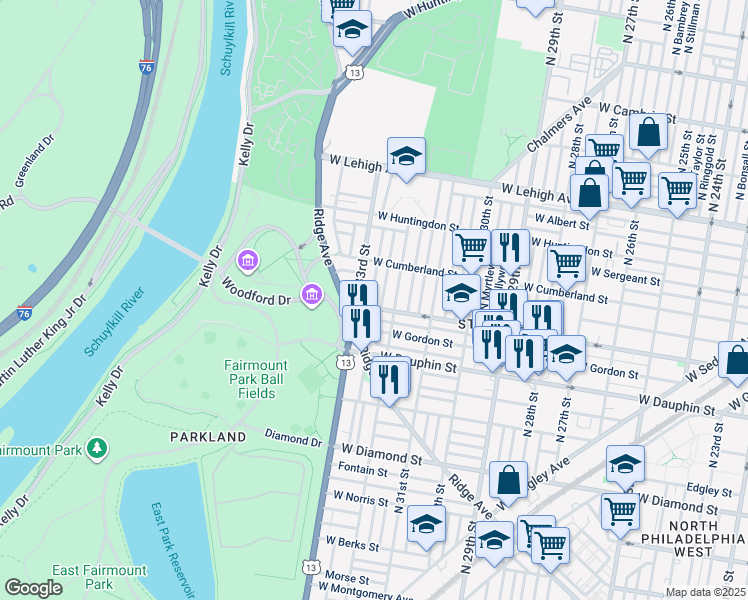 map of restaurants, bars, coffee shops, grocery stores, and more near 2409 North Douglas Street in Philadelphia