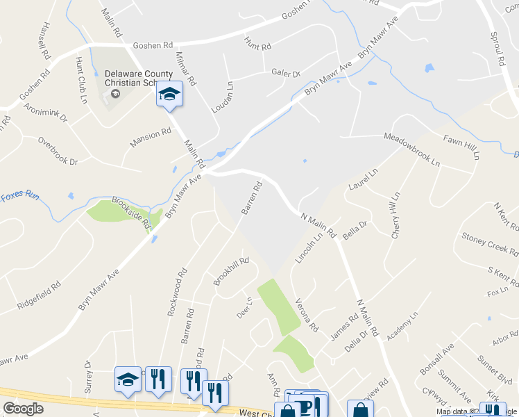 map of restaurants, bars, coffee shops, grocery stores, and more near 217 Barren Road in Newtown Square