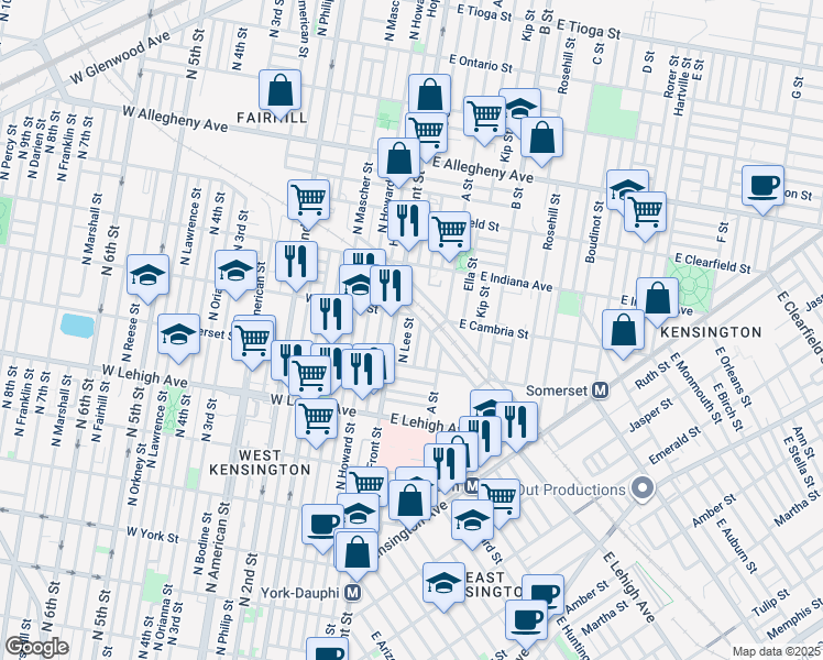 map of restaurants, bars, coffee shops, grocery stores, and more near 2855 North Lee Street in Philadelphia
