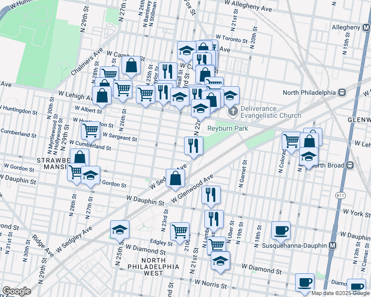 map of restaurants, bars, coffee shops, grocery stores, and more near 2220 West Sergeant Street in Philadelphia