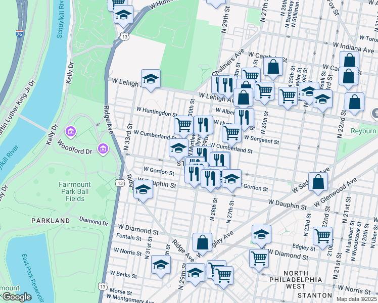 map of restaurants, bars, coffee shops, grocery stores, and more near 2434 North Myrtlewood Street in Philadelphia