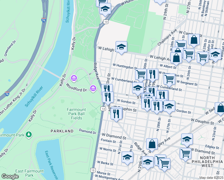 map of restaurants, bars, coffee shops, grocery stores, and more near 2409 North Douglas Street in Philadelphia