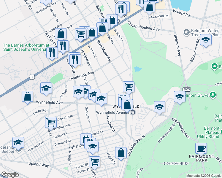 map of restaurants, bars, coffee shops, grocery stores, and more near 2261 North 51st Street in Philadelphia
