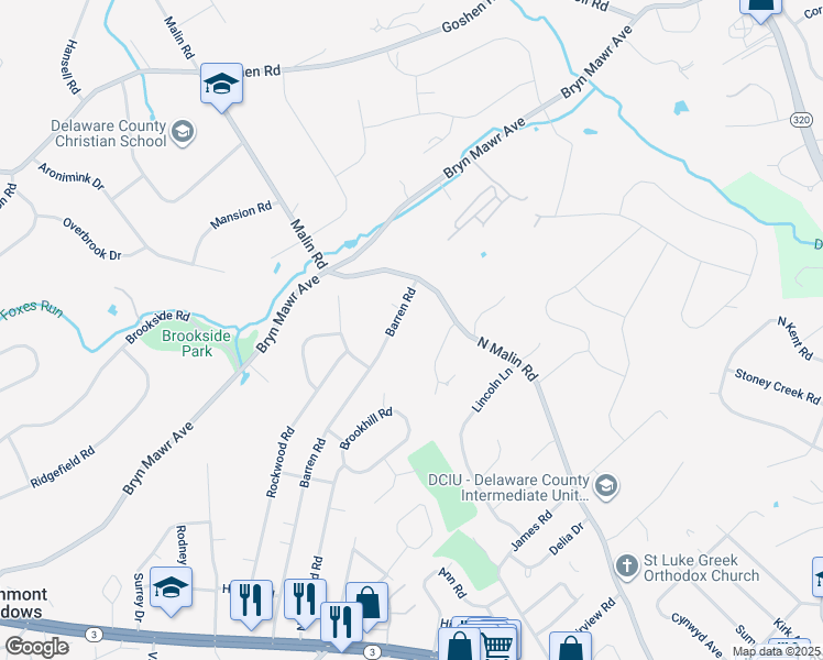 map of restaurants, bars, coffee shops, grocery stores, and more near 217 Barren Road in Newtown Square