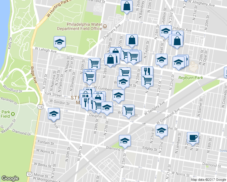 map of restaurants, bars, coffee shops, grocery stores, and more near 2457 North 27th Street in Philadelphia