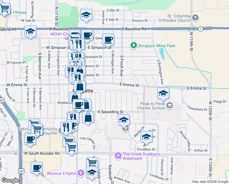 map of restaurants, bars, coffee shops, grocery stores, and more near 708 Cardinal Drive in Lafayette