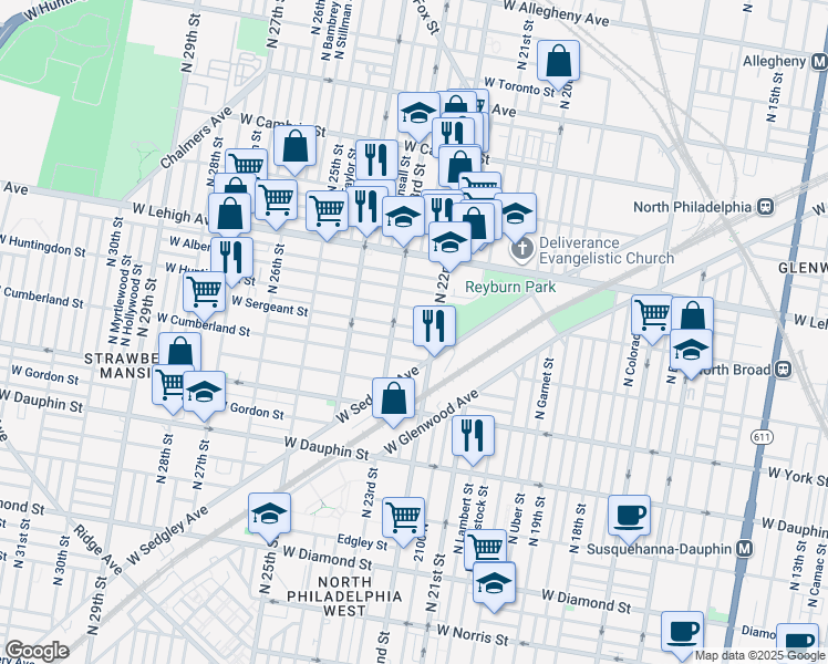 map of restaurants, bars, coffee shops, grocery stores, and more near 2224 West Sergeant Street in Philadelphia