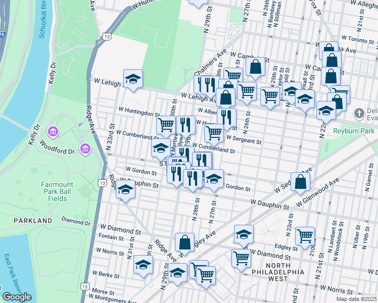 map of restaurants, bars, coffee shops, grocery stores, and more near 2445 North 29th Street in Philadelphia