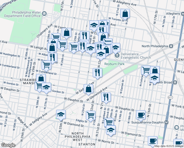 map of restaurants, bars, coffee shops, grocery stores, and more near 2230 West Sergeant Street in Philadelphia