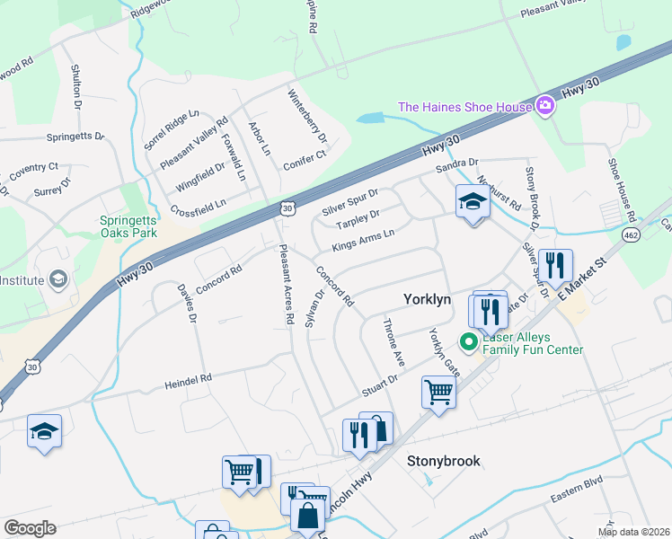 map of restaurants, bars, coffee shops, grocery stores, and more near 3833 Concord Road in York