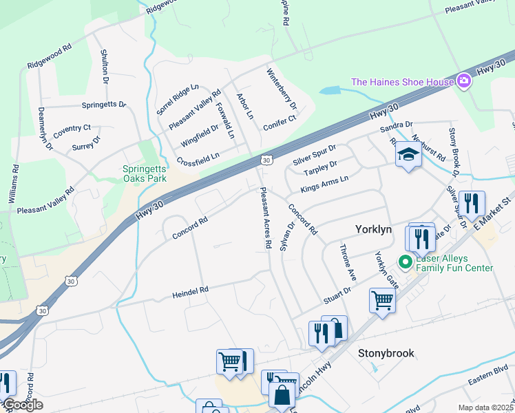 map of restaurants, bars, coffee shops, grocery stores, and more near 262 Pleasant Acres Road in York