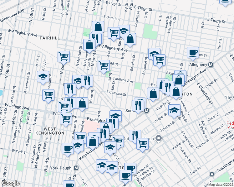 map of restaurants, bars, coffee shops, grocery stores, and more near E Cambria St & B St in Philadelphia