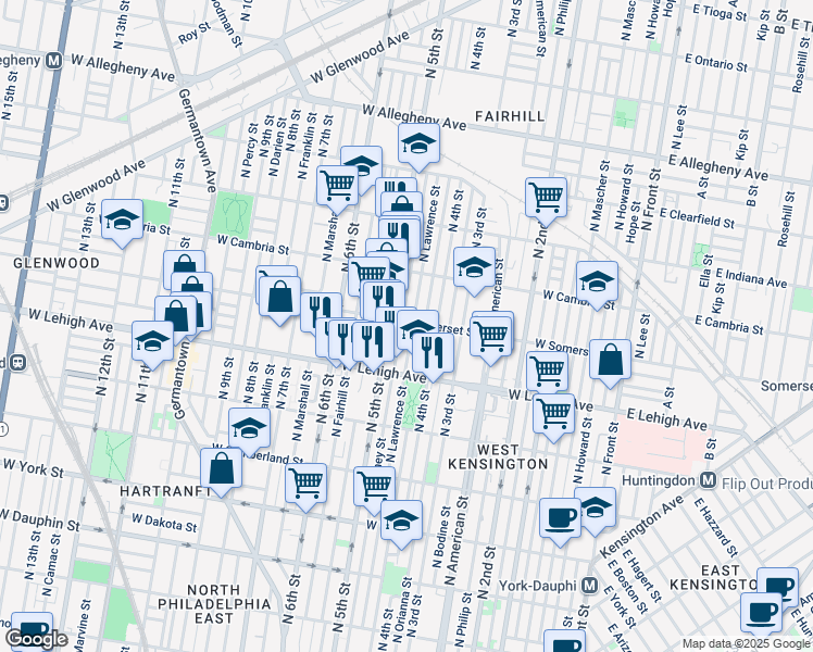 map of restaurants, bars, coffee shops, grocery stores, and more near 436 West Somerset Street in Philadelphia