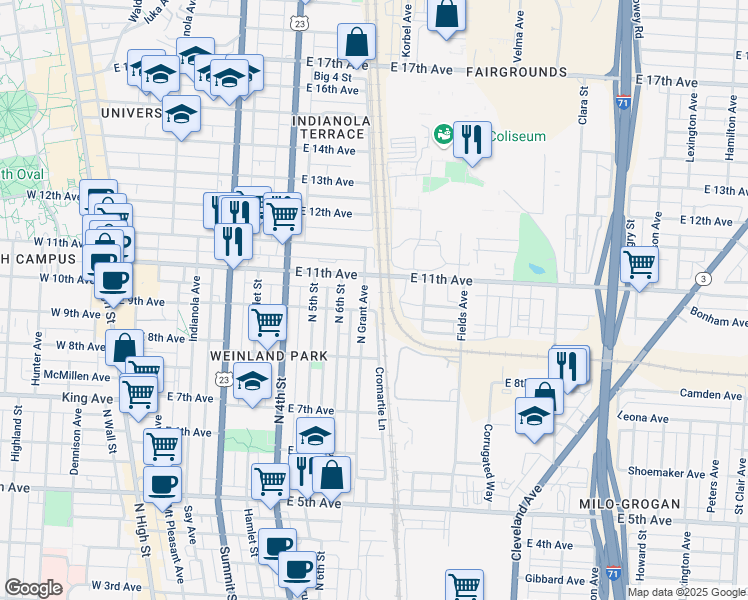 map of restaurants, bars, coffee shops, grocery stores, and more near 1460 North Grant Avenue in Columbus