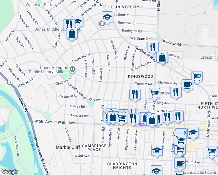 map of restaurants, bars, coffee shops, grocery stores, and more near 1777 Wyandotte Road in Columbus