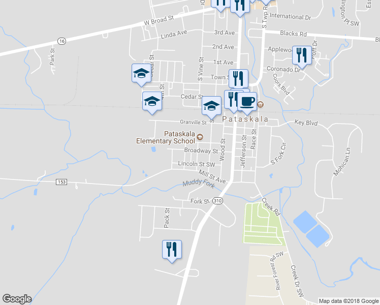map of restaurants, bars, coffee shops, grocery stores, and more near 133 Broadway Street in Pataskala