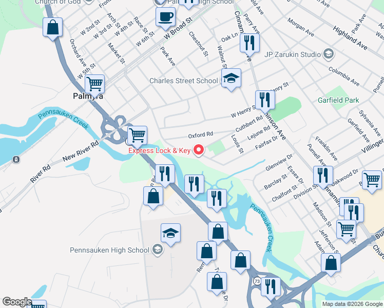 map of restaurants, bars, coffee shops, grocery stores, and more near 17 Hilton Road in Cinnaminson