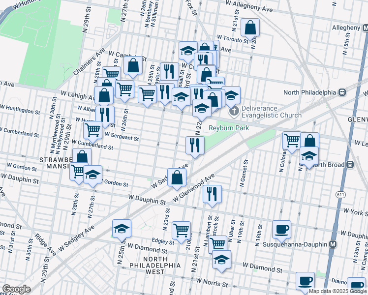 map of restaurants, bars, coffee shops, grocery stores, and more near 2230 West Sergeant Street in Philadelphia
