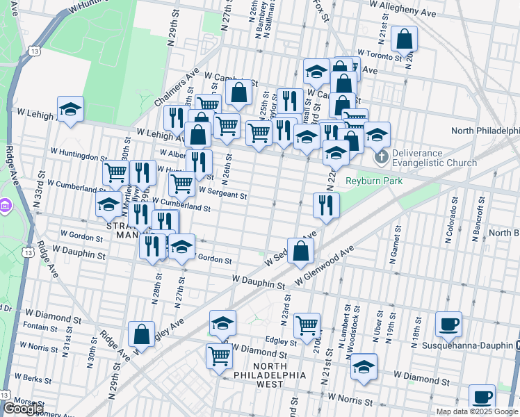map of restaurants, bars, coffee shops, grocery stores, and more near 2428 West Firth Street in Philadelphia