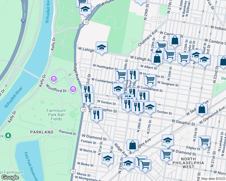 map of restaurants, bars, coffee shops, grocery stores, and more near 2428 North Stanley Street in Philadelphia